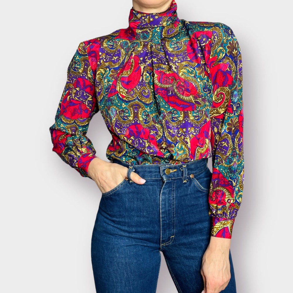 80s Nicola Pink Purple‎ Teal Paisley Blouse